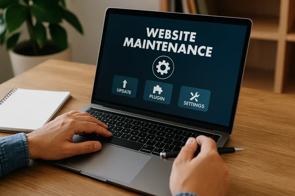 Web developer performing routine update on modern laptop.
