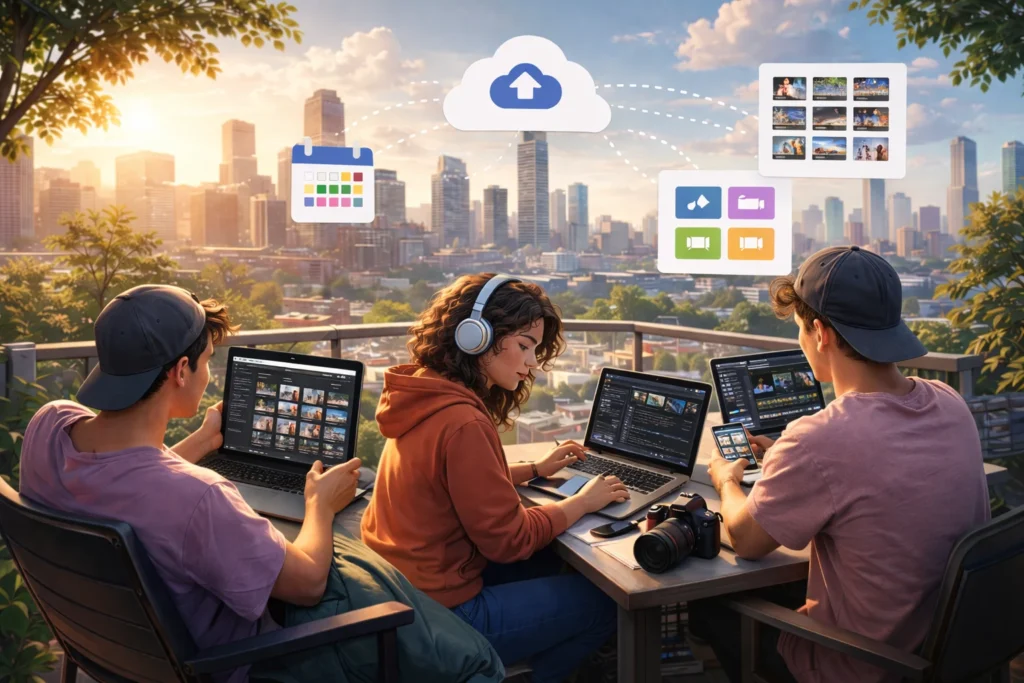 Creators managing assets using cloud storage and scheduling tools.