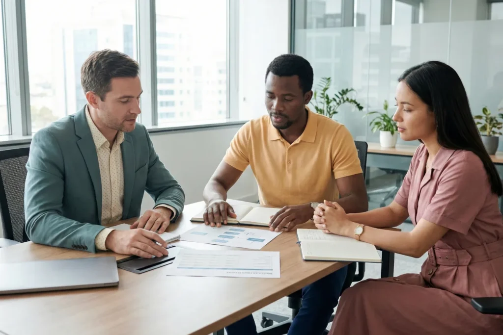 Three business leaders are sitting at a meeting table. They're discussing plans and reviewing documents together.