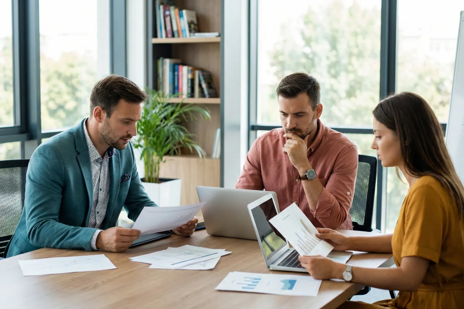 Three business professionals sitting around a table in an office. They appear to be discussing technology ideas using papers and laptops.